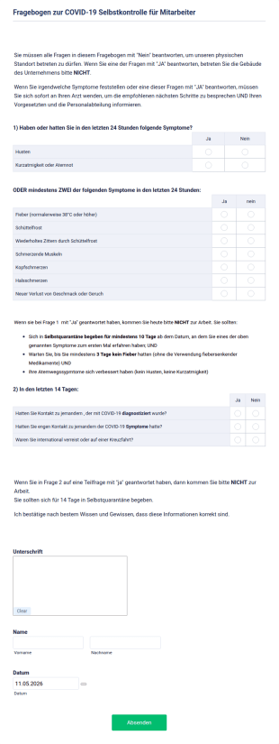 Fragebogen Zur COVID 19 Selbstkontrolle Für Mitarbeiter