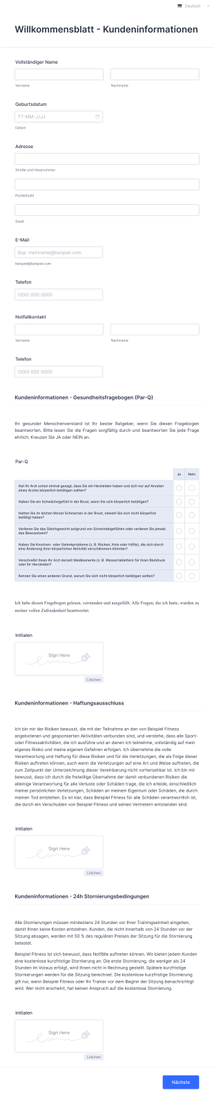 Fragebogen Zur Gesundheit Im Fitnessstudio Formular Form Template