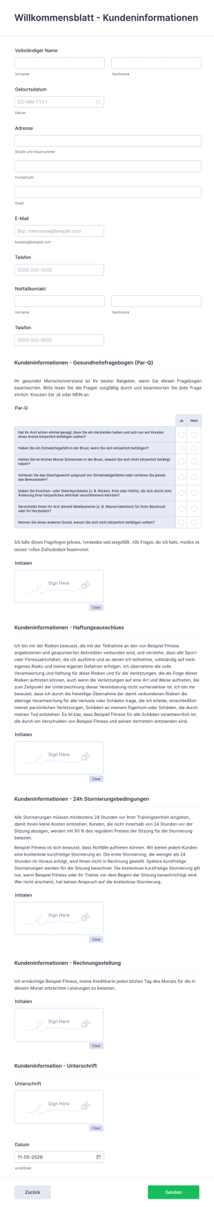Fragebogen Zur Gesundheit Im Fitnessstudio Formular