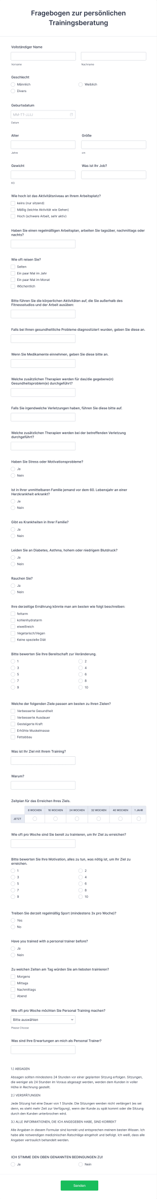 Fragebogen Zur Persönlichen Trainingsberatung Form Template