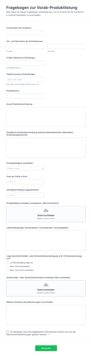 Fragebogen Zur Vorab Produktlistung