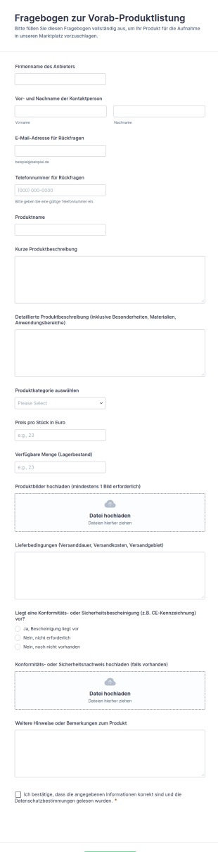 Fragebogen Zur Vorab Produktlistung