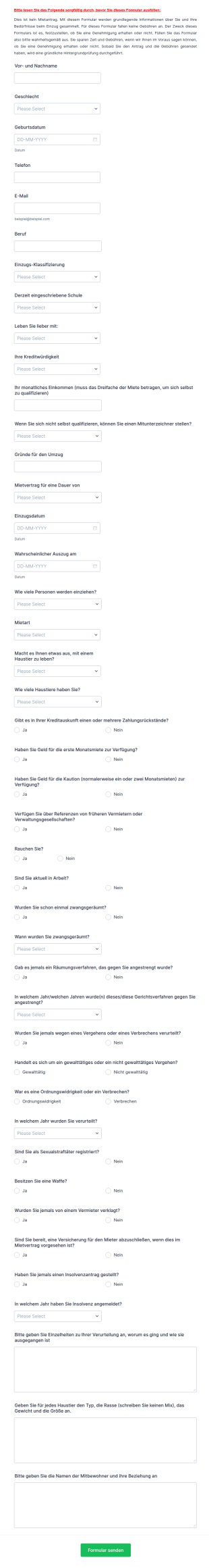 Fragebogen Zur Vorauswahl Von Mietern