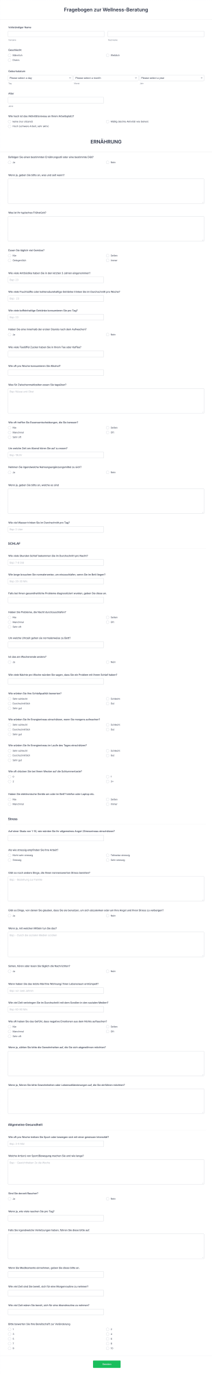 Fragebogen Zur Wellness Beratung Form Template