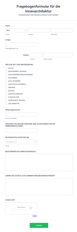 Fragebogenformular Für Die Innenarchitektur