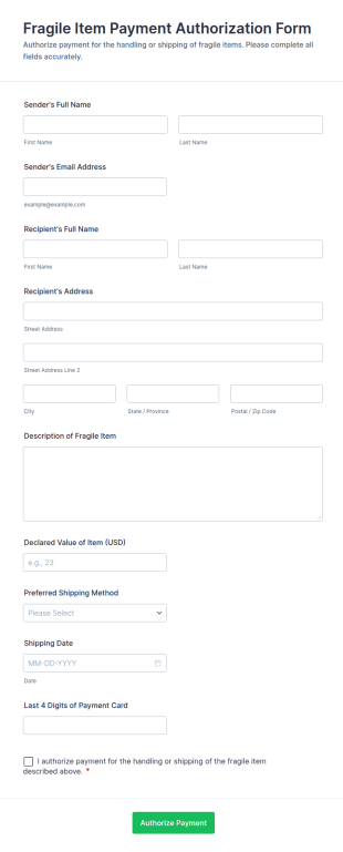 Fragile Item Payment Authorization Form Template