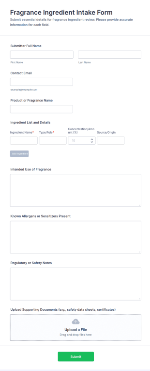 Fragrance Ingredient Intake Form Template