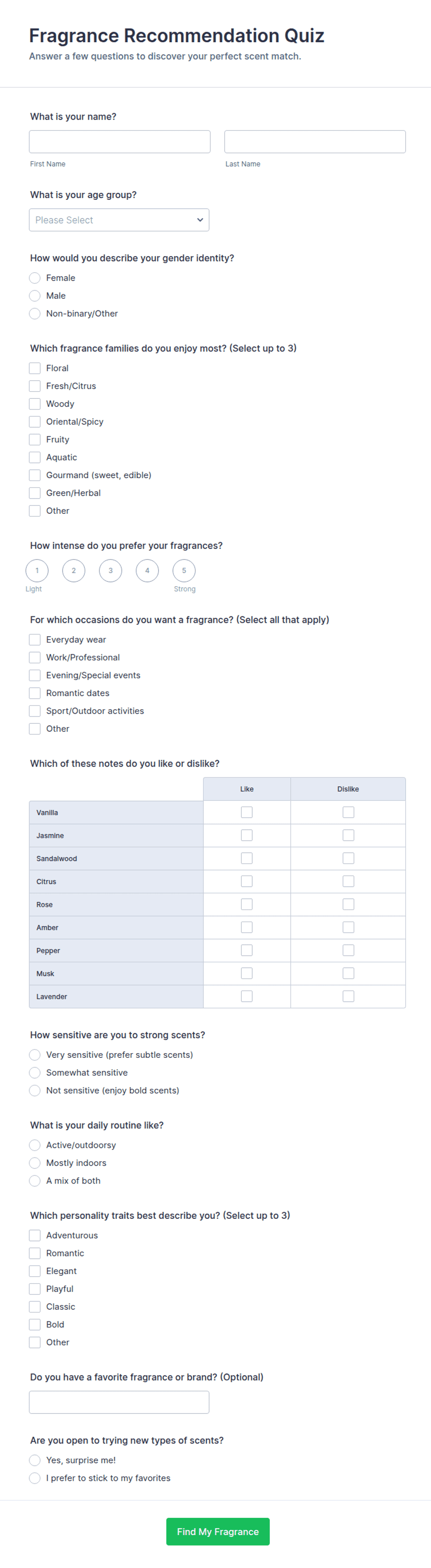 Fragrance Recommendation Quiz Form Template | Jotform