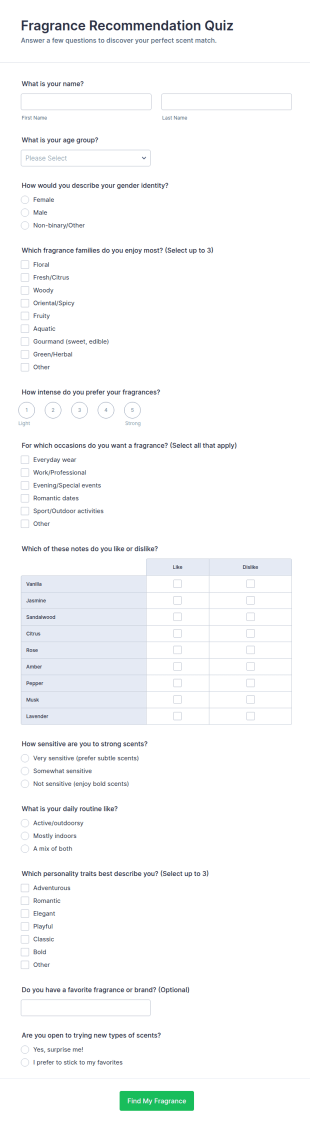 Fragrance Recommendation Quiz Form Template