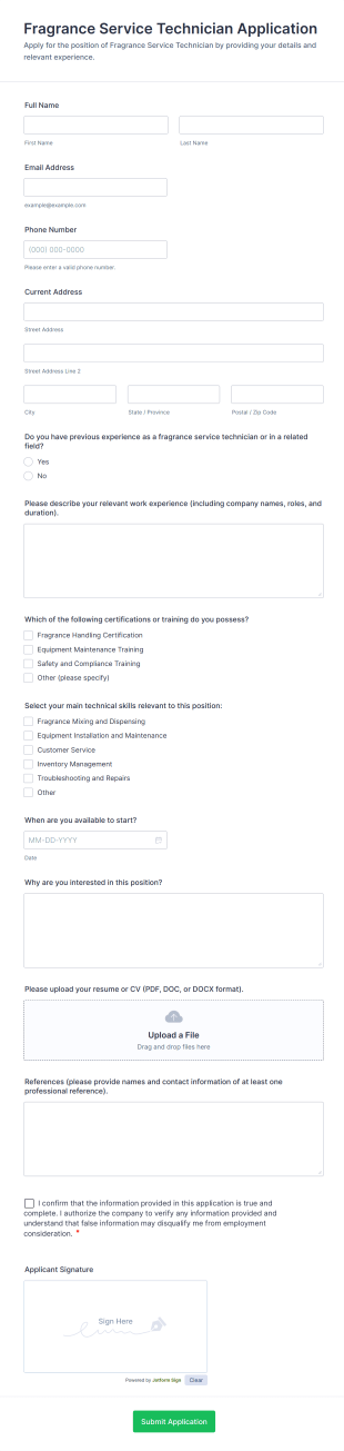 Fragrance Service Technician Application Form Template