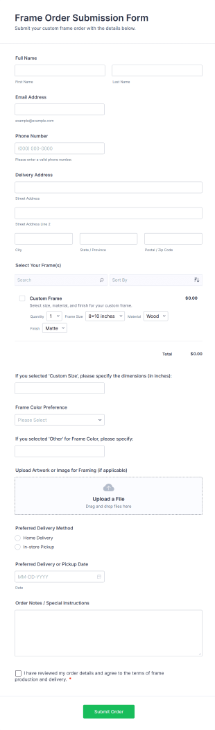 Frame Order Submission Form Template