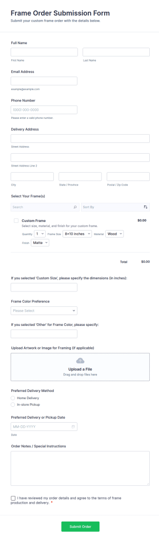 Frame Order Submission Form Template