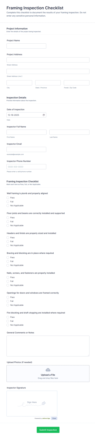Framing Inspection Checklist Form Template