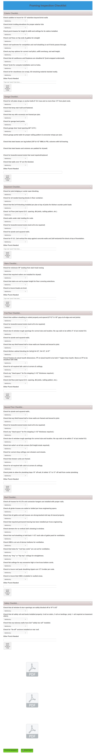 Framing Punch Checklist Form Template
