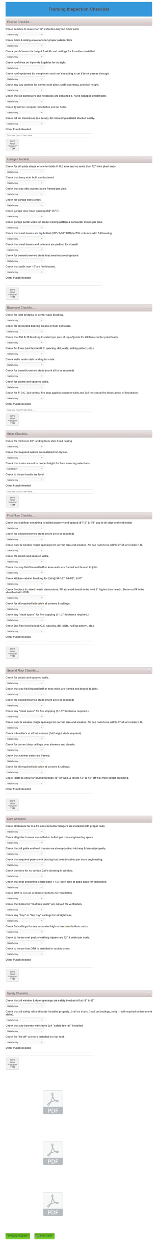 Framing Punch Checklist Form Template