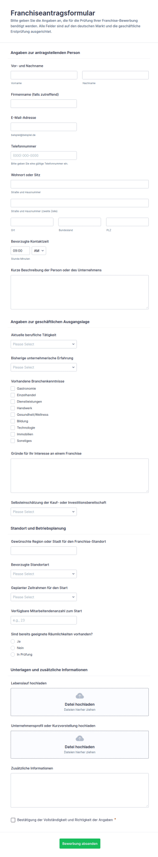Franchise Antragsformular