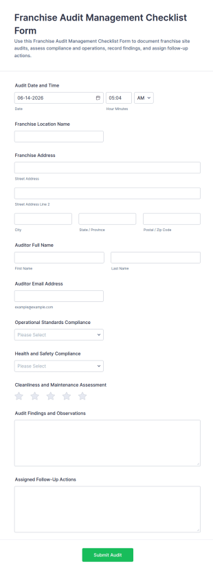 Franchise Audit Management Checklist Form Template