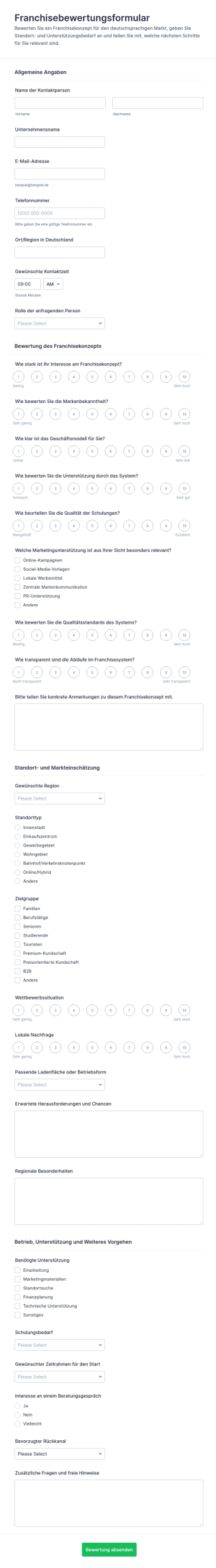 Franchise Bewertungsformular