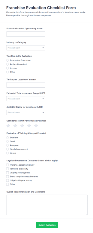 Franchise Evaluation Checklist Form Template