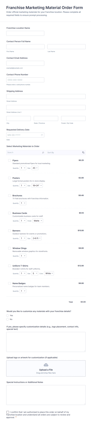 Franchise Marketing Material Order Form Template
