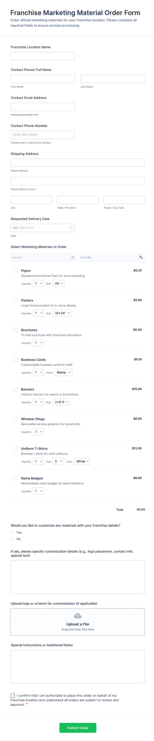 Franchise Marketing Material Order Form Template
