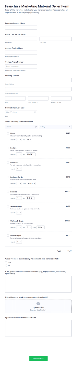 Franchise Marketing Material Order Form Template