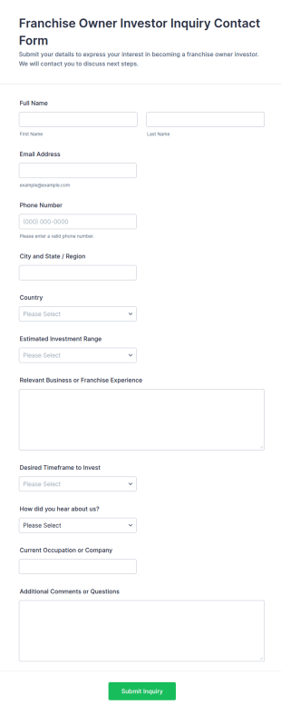 Franchise Owner Investor Inquiry Form Template