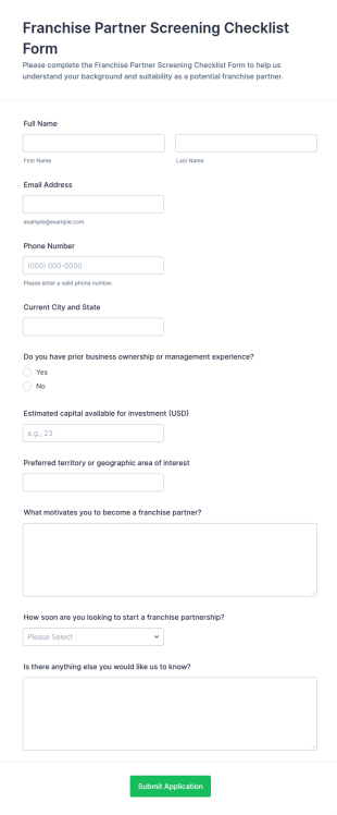 Franchise Partner Screening Checklist Form Template