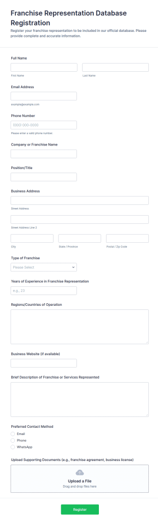 Franchise Representation Database Registration Form Template