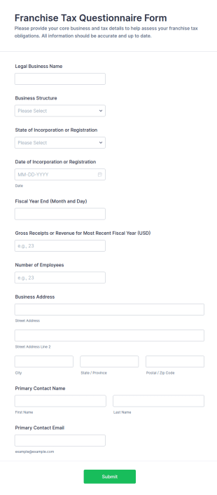 Franchise Tax Questionnaire Form Template