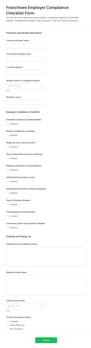 Franchisee Employer Compliance Checklist Form Template