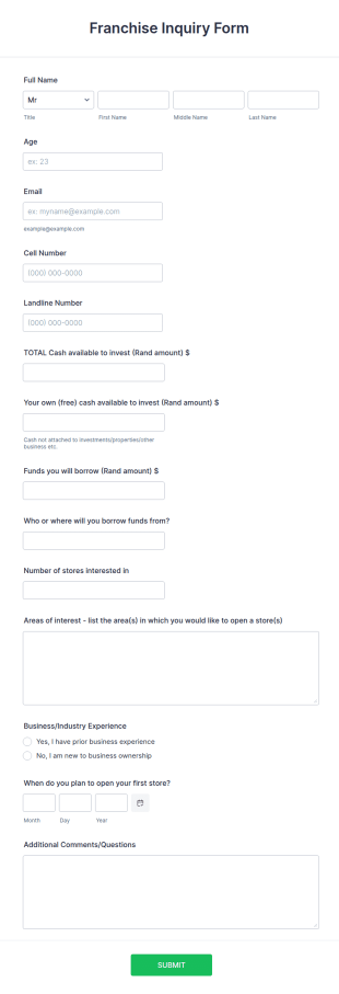Franchise Inquiry Form Template