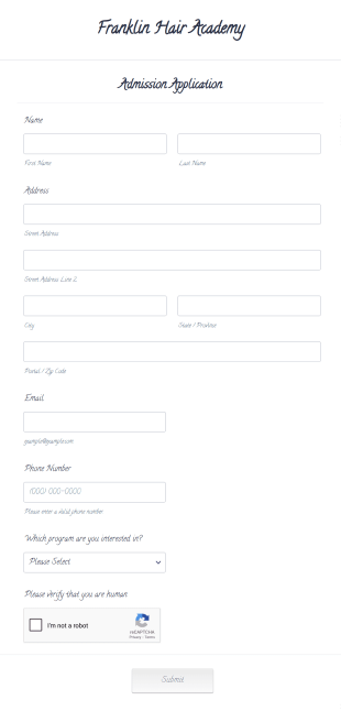Hair Academy Admission Application Form Template