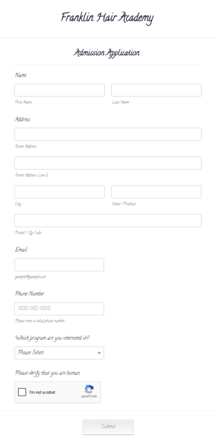 Hair Academy Admission Application Form Template