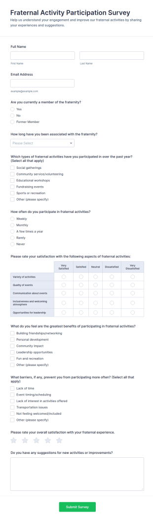 Fraternal Activity Participation Survey Form Template