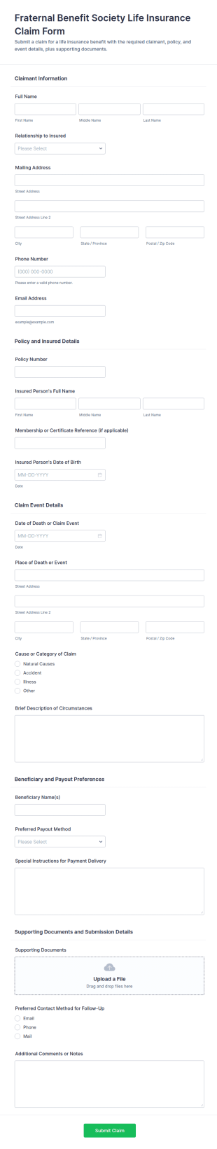 Fraternal Benefit Society Life Insurance Claim Form Template