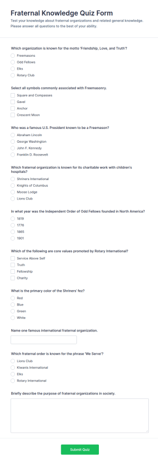 Fraternal Knowledge Quiz Form Template