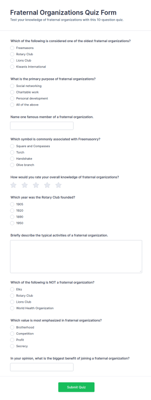 Fraternal Organizations Quiz Form Template