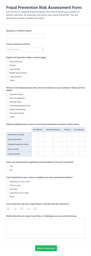 Fraud Prevention Risk Assessment Form Template