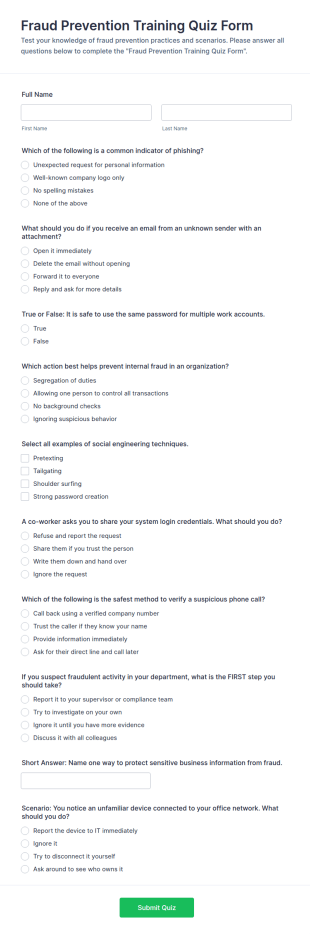 Fraud Prevention Training Quiz Form Template