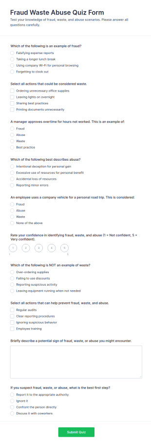 Fraud Waste Abuse Quiz Form Template