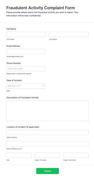 Fraudulent Activity Complaint Form Template