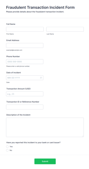 Fraudulent Transaction Incident Form Template