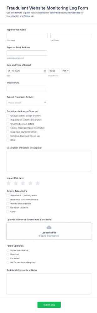 Fraudulent Website Monitoring Log Form Template