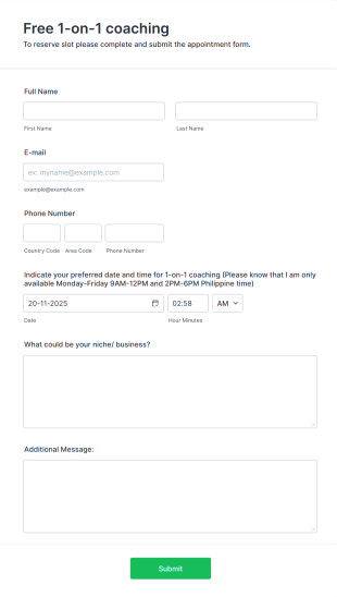 1 On 1 Coaching Appointment Form Template