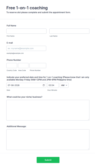 1 On 1 Coaching Appointment Form Template