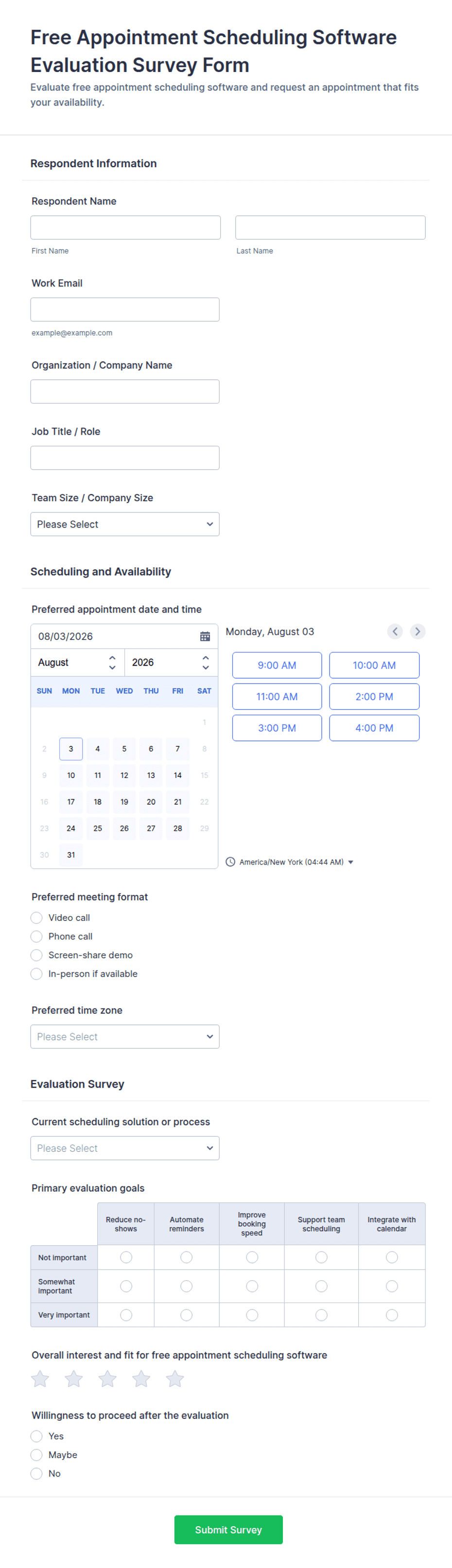 Free Appointment Scheduling Software Evaluation Survey Form Template ...