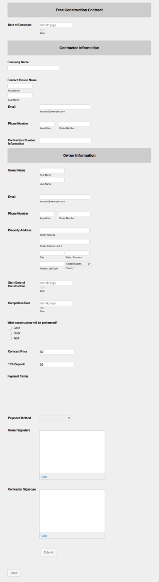 Free Construction Contract Form Template