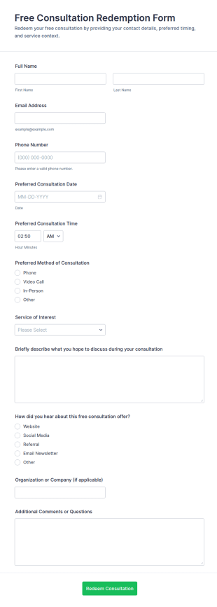 Free Consultation Redemption Form Template