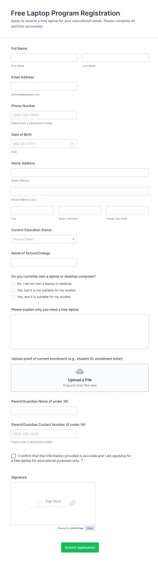 Free Laptop Program Registration Form Template
